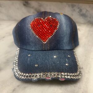 Denim Cap with Red Heart and Rhinestones